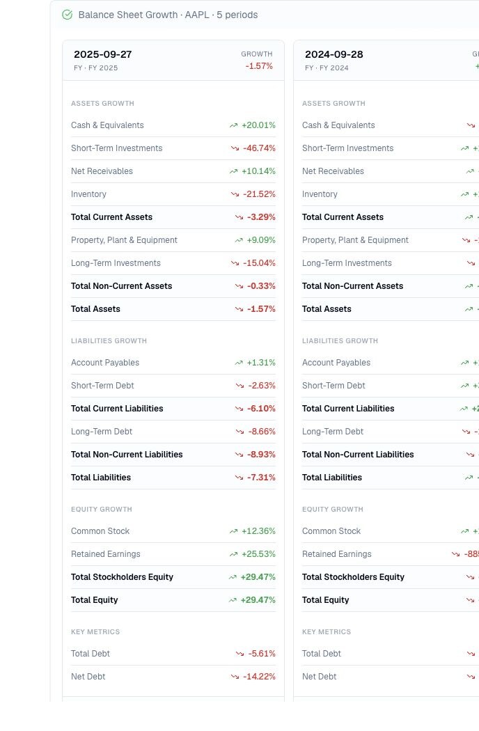 Finance Agent AAPL annual balance sheet growth cards comparing fiscal 2025 and 2024 changes in assets, liabilities, shareholder equity, total debt, and net debt