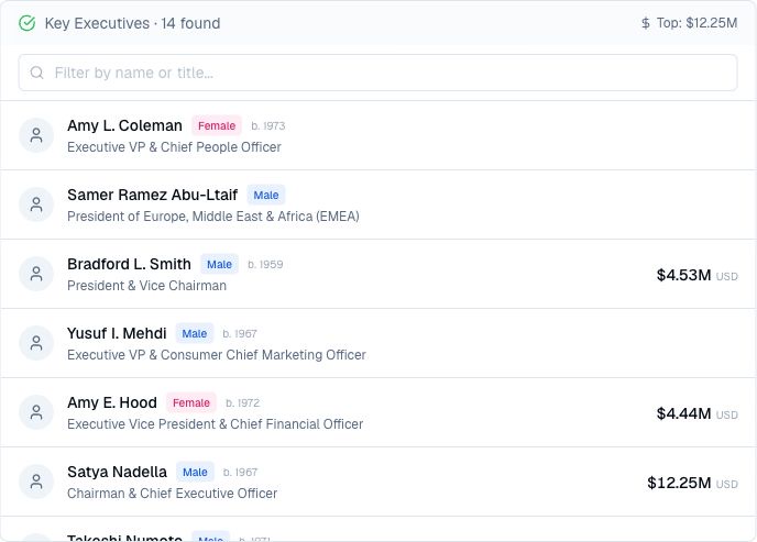 Finance Agent Microsoft key executives result showing leadership names, titles, birth years, and available disclosed compensation