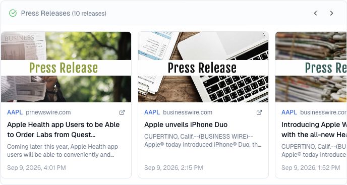 Finance Agent displaying three source-linked press release cards for AAPL