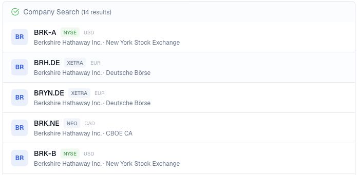 Finance Agent company search result card showing Berkshire Hathaway ticker candidates with exchanges and currencies