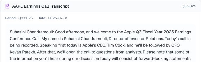 Finance Agent Apple Q3 2025 earnings call transcript showing the fiscal period, call date, speaker name, and opening remarks