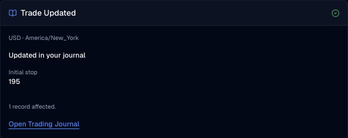 Native confirmation of an update to a synthetic AAPL journal trade.