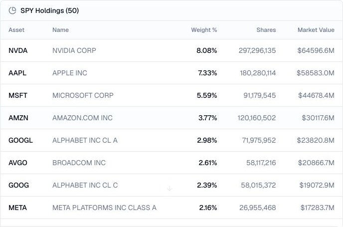 Finance Agent SPY holdings table showing top positions, portfolio weights, shares, and market values