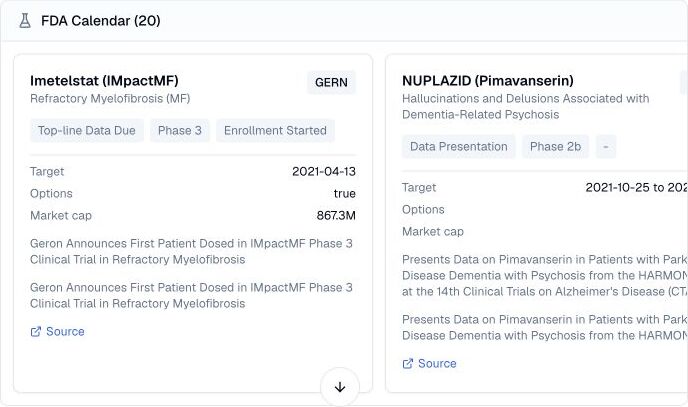 Finance Agent FDA calendar cards showing Imetelstat and NUPLAZID catalysts with phase, target date, indication, and source links
