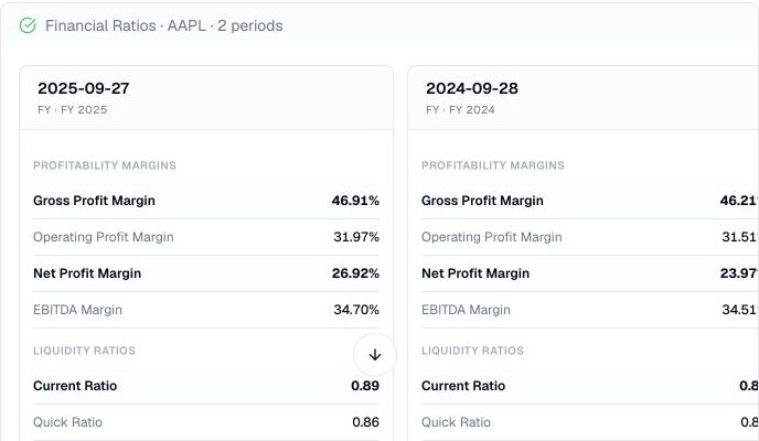 Finance Agent AAPL financial ratios result comparing FY 2025 and FY 2024 profitability, liquidity, and efficiency ratios