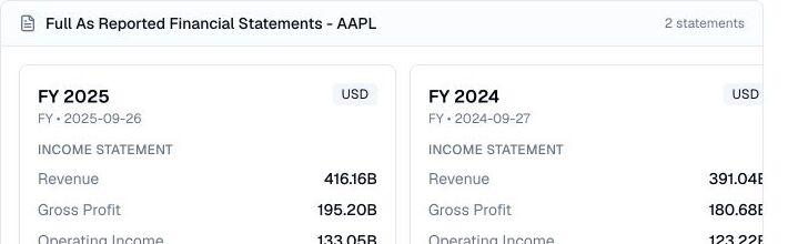 Finance Agent AAPL full as-reported financial statement cards comparing FY 2025 and FY 2024 in USD with revenue, gross profit, and statement sections visible