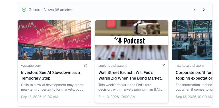 Finance Agent showing source-linked general market news cards