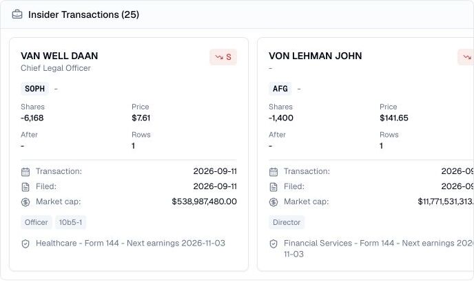 Finance Agent native insider transactions card showing two recent sales with reporting people, tickers, shares, prices, roles, sectors, and filing dates