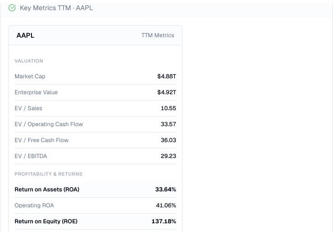 Finance Agent AAPL trailing-twelve-month key metrics result showing valuation and profitability rows in a native card