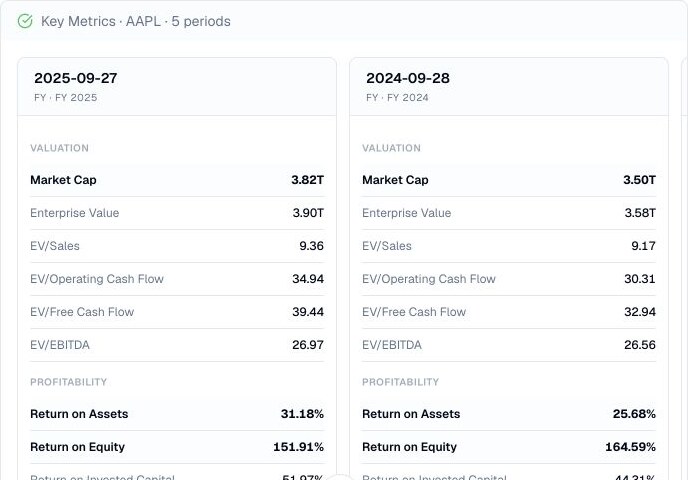 Finance Agent AAPL key metrics result comparing FY 2025 and FY 2024 cards with market cap, enterprise value, valuation multiples, and return metrics