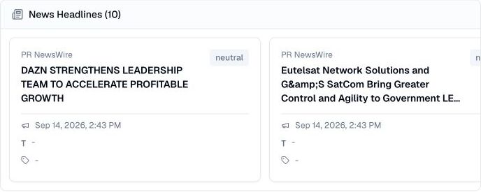 Finance Agent news headlines cards showing PR NewsWire stories with source, timestamp, sentiment, and ticker tags