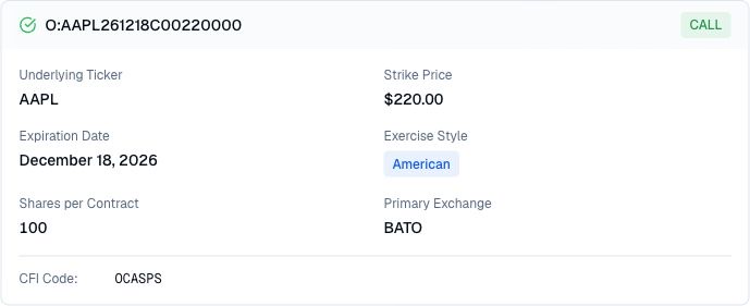 Finance Agent options contract lookup showing an AAPL call ticker, strike, expiration, exercise style, contract size, exchange, and CFI code