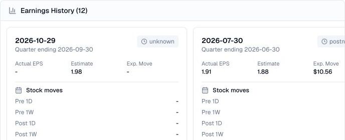 Finance Agent earnings history cards for AAPL showing report dates, EPS estimate and actual, expected move, and stock move metrics