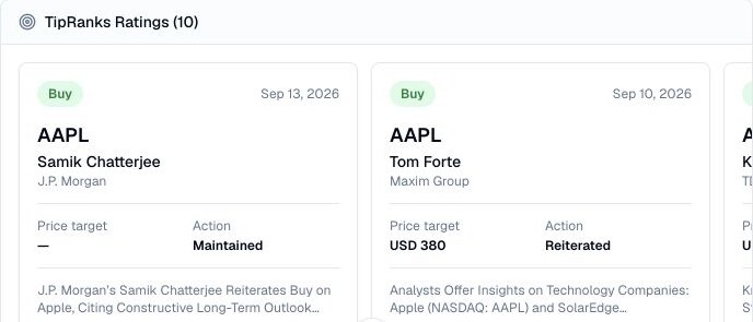 Finance Agent AAPL TipRanks ratings result showing analyst recommendations, dates, firms, actions, and price targets