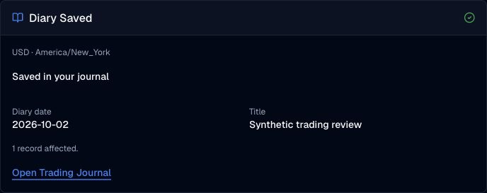Native confirmation that a synthetic trading diary entry was saved.