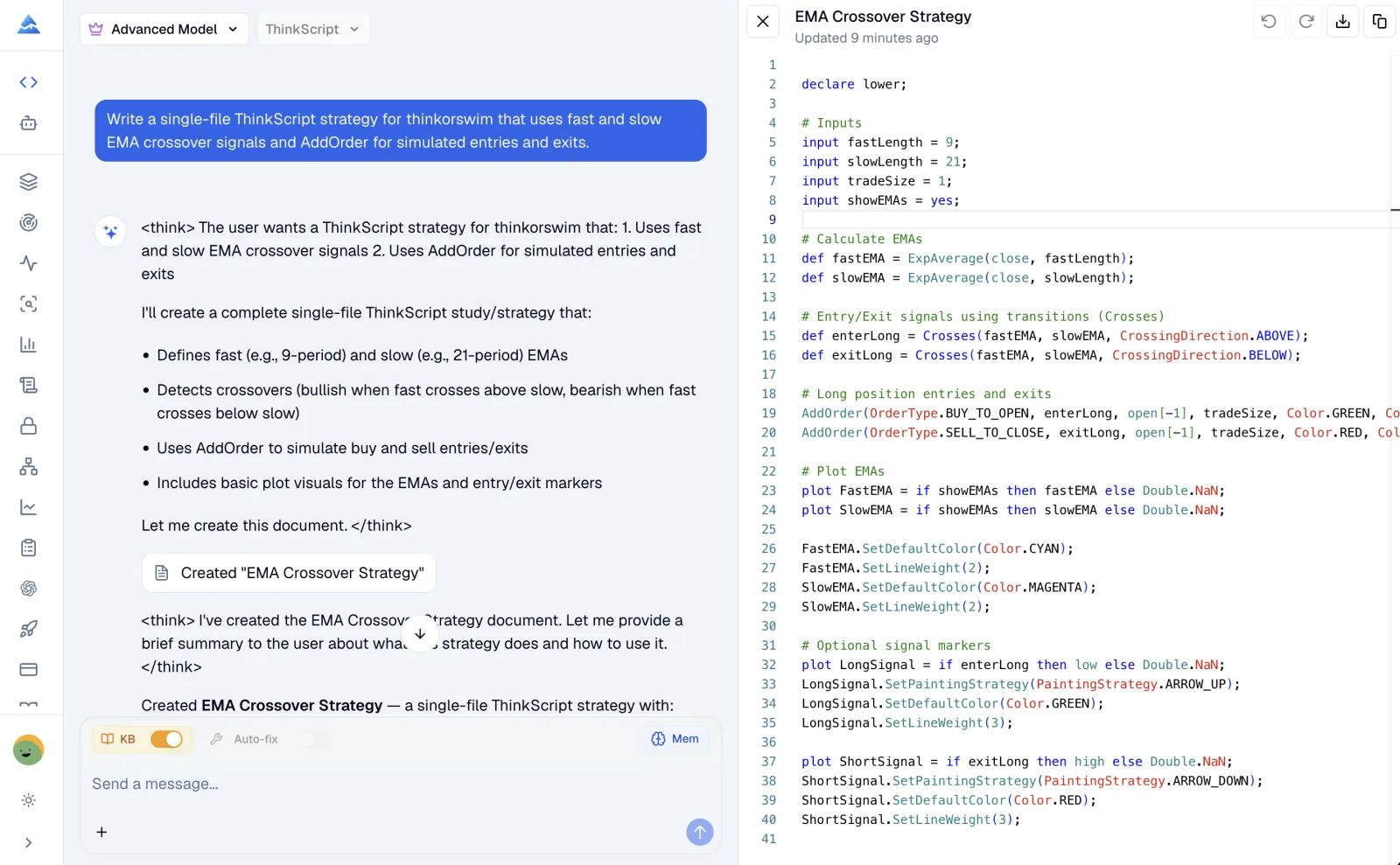 Pineify thinkorswim AI Coding Agent generating a single-file EMA crossover strategy in thinkScript