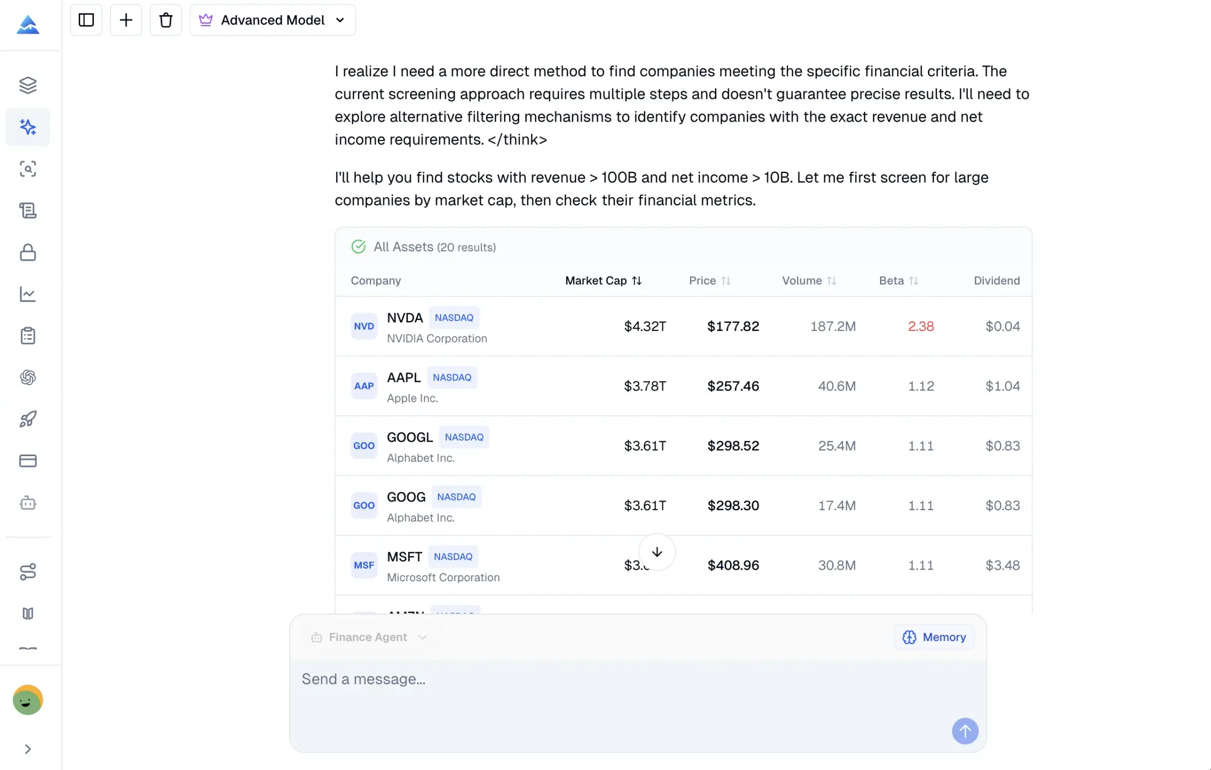 AI stock screener filtering stocks by financial metrics and market criteria