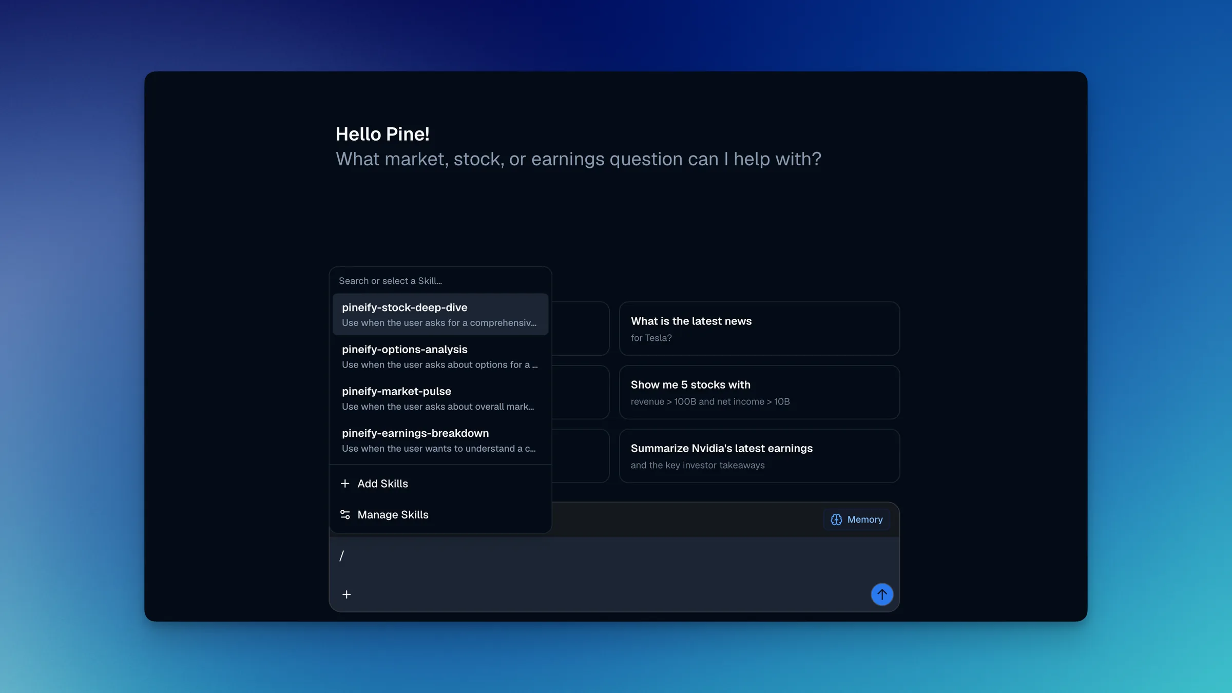 Custom Skills feature in Pineify AI Coding Agent for invoking reusable instructions with slash commands