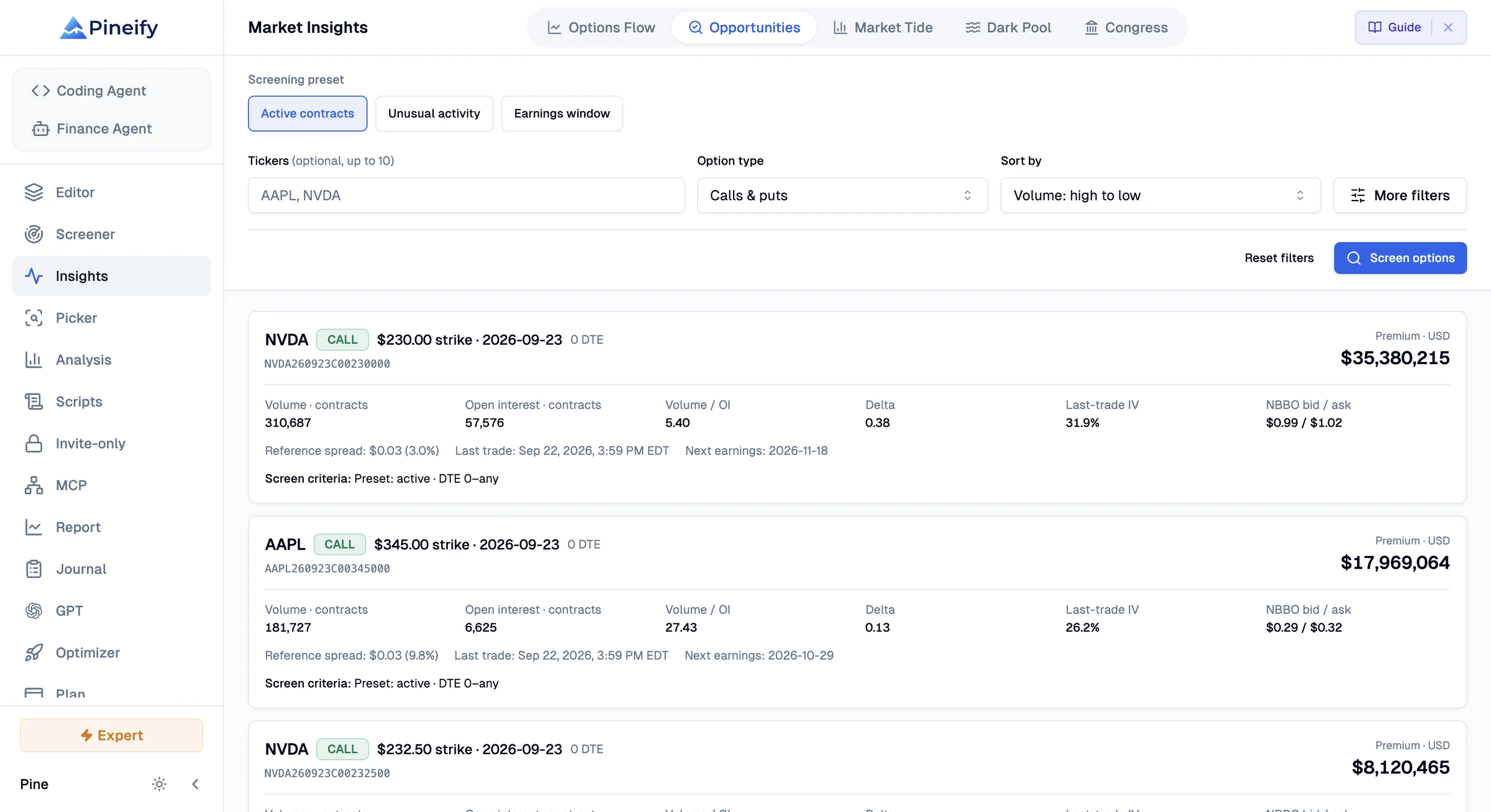 Option Opportunities in Pineify Market Insights: Find US option contracts that match a screening preset, then refine by ticker, option type, expiry, activity, delta, or earnings timing